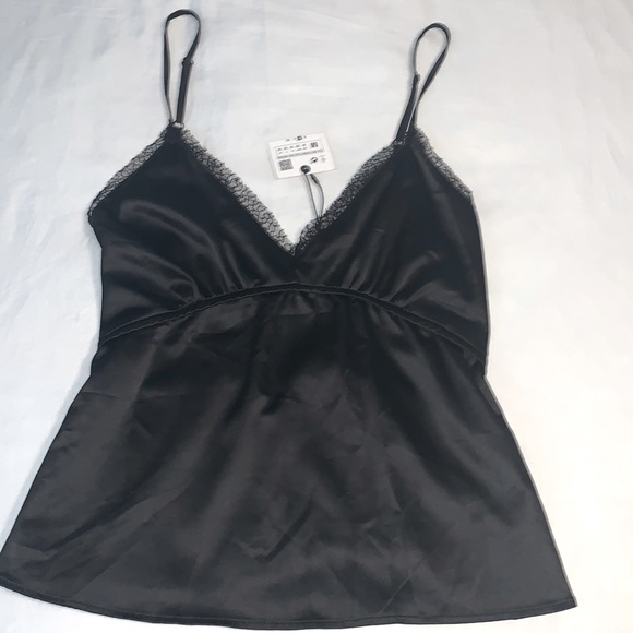 Zara Tops - Zara Black Sateen Lace Trim Camisole Tank Medium